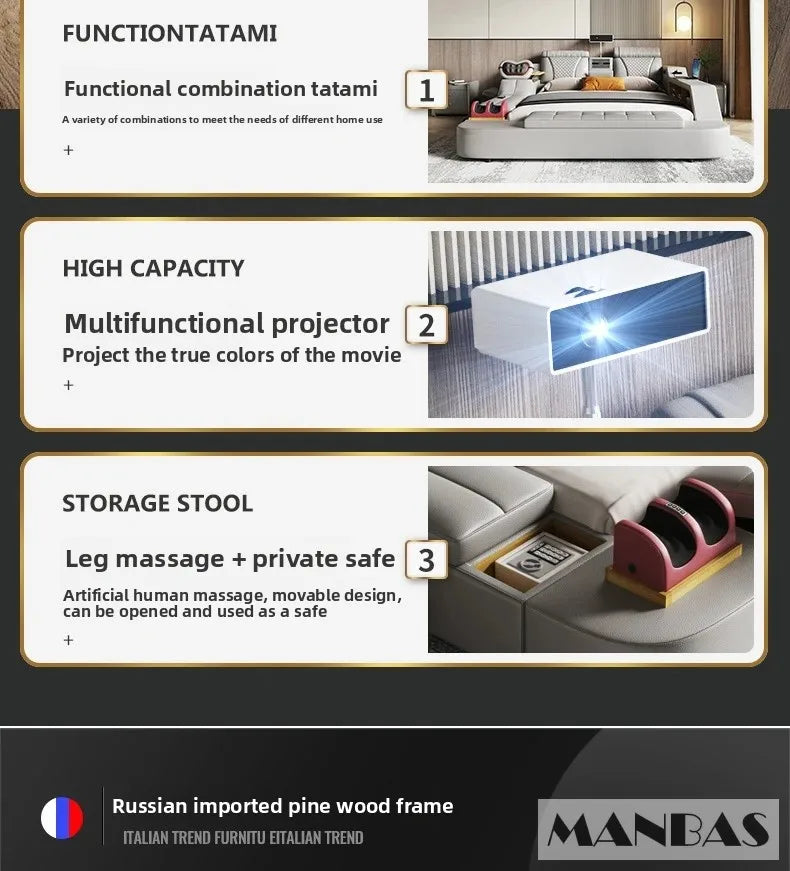 Tech Smart Bed - The Ultimate Multifunctional Bedframe With Genuine Leather, Massage, Speaker, Projector, Air Purifier