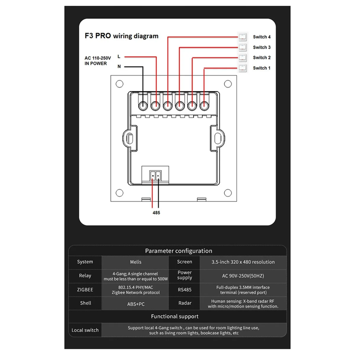 New 3.5 Inch Smart Wall Switch Touch Screen 4 Groups Switch 8-Way Scene Radar Sensor Dimming Switch Curtain Tuya Zigbee A