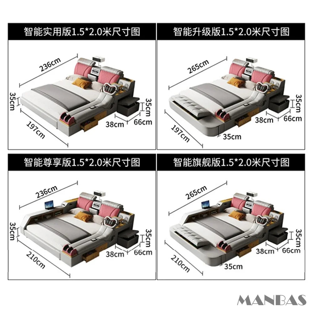 Tech Smart Bed - The Ultimate Multifunctional Bedframe With Genuine Leather, Massage, Speaker, Projector, Air Purifier