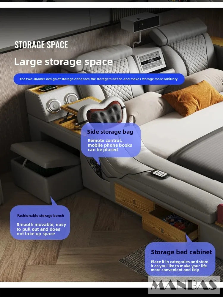 Tech Smart Bed - The Ultimate Multifunctional Bedframe With Genuine Leather, Massage, Speaker, Projector, Air Purifier