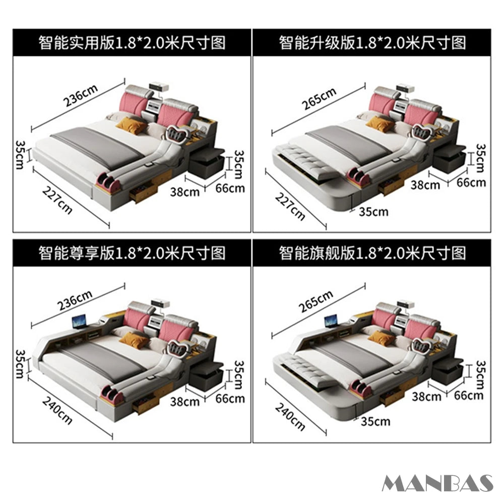 Tech Smart Bed - The Ultimate Multifunctional Bedframe With Genuine Leather, Massage, Speaker, Projector, Air Purifier