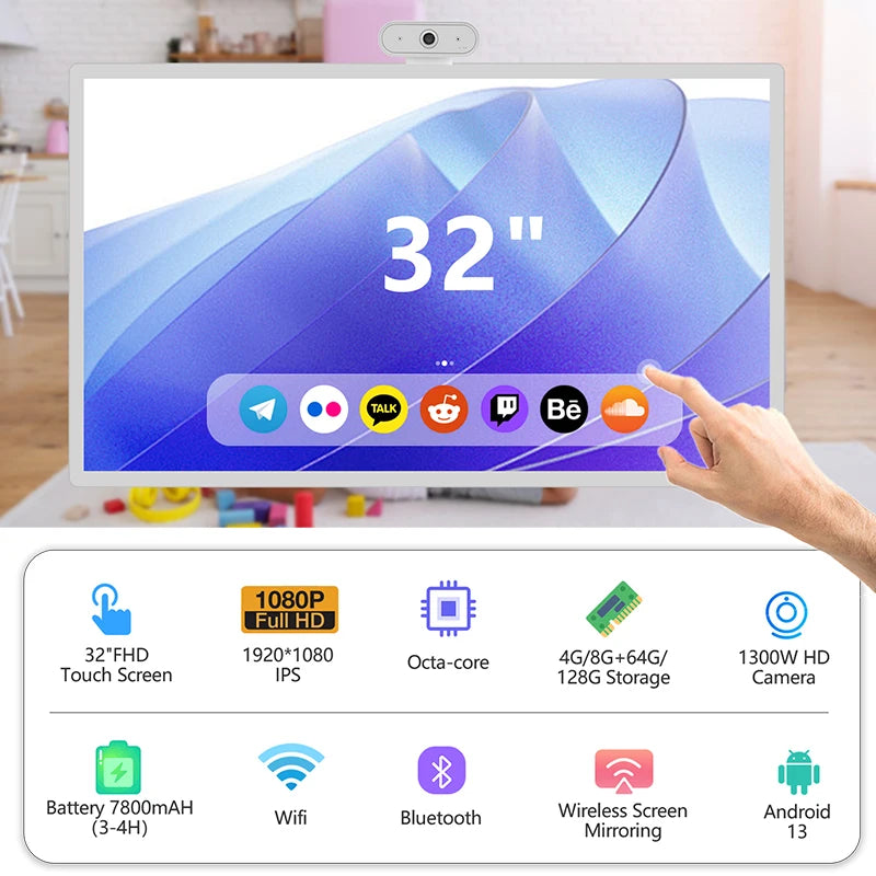 32" Portable 10 Points Capacitive Touch Smart TVs Room Amusement Learning Sport Yoga Durable Interactive Mobile Display