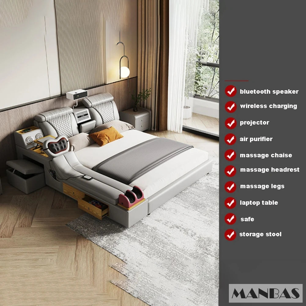 Tech Smart Bed - The Ultimate Multifunctional Bedframe With Genuine Leather, Massage, Speaker, Projector, Air Purifier