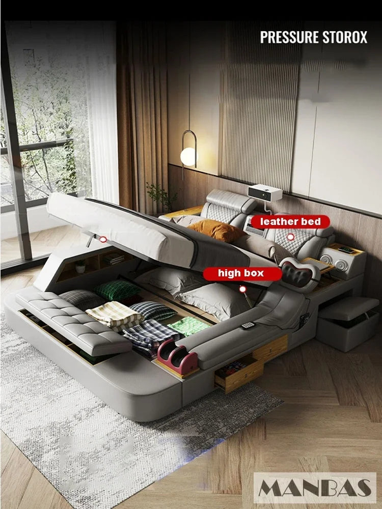 Tech Smart Bed - The Ultimate Multifunctional Bedframe With Genuine Leather, Massage, Speaker, Projector, Air Purifier
