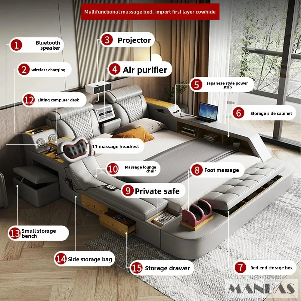 Tech Smart Bed - The Ultimate Multifunctional Bedframe With Genuine Leather, Massage, Speaker, Projector, Air Purifier