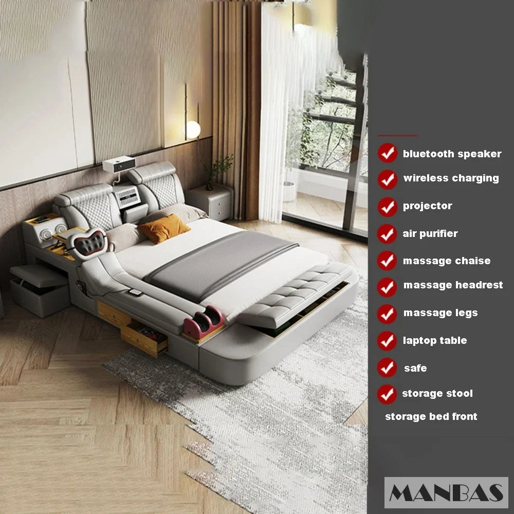 Tech Smart Bed - The Ultimate Multifunctional Bedframe With Genuine Leather, Massage, Speaker, Projector, Air Purifier