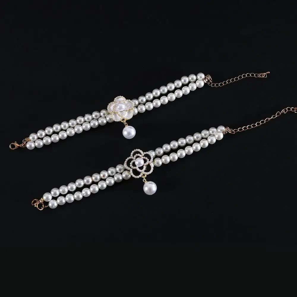 Pet Accessories Double Layer Pearl Pet Necklace Sweet Flower Pendant Cat Neck Chain Adjustable Pet Pearl Collar Photograph