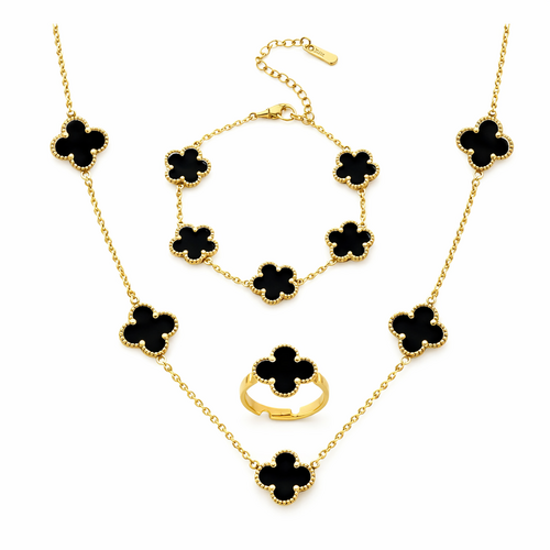 Black Enamel Clover Jewelry Set – Gold Tone Necklace, Bracelet & Ring